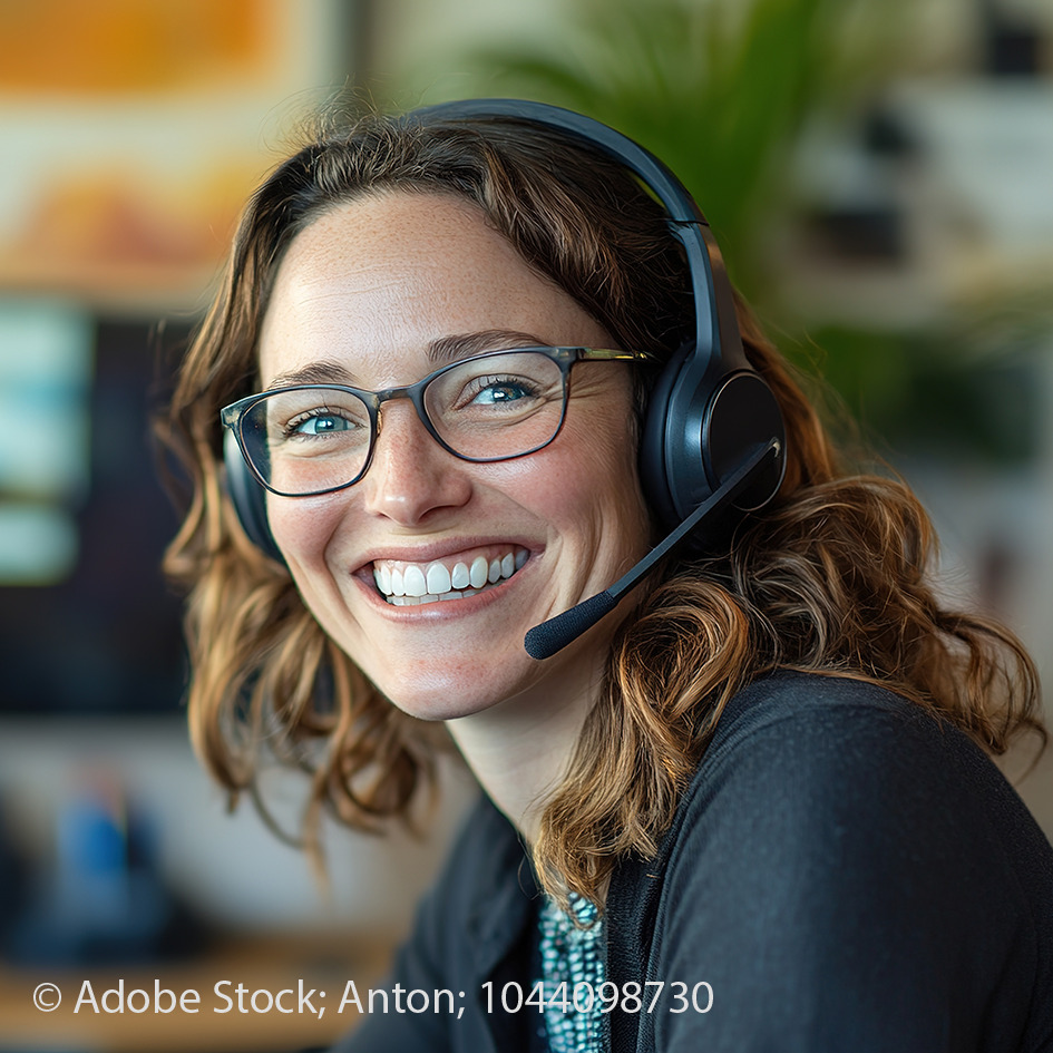 Eine junge Frau mit Headset. Sie lächelt in die Kamera.