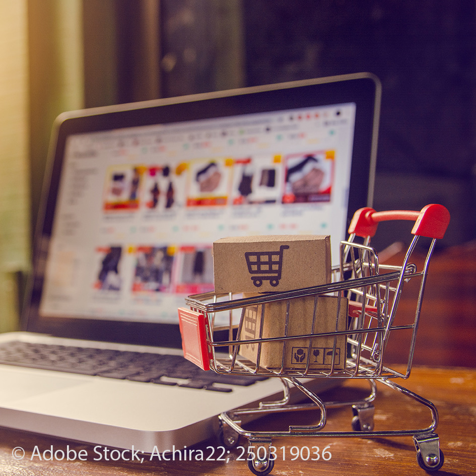 Ein Warenkorb mit zwei Kartons im Spielzeugformat vor einem Notbook. Auf diesem ist eine Seite zum Onlineshopping zu sehen.