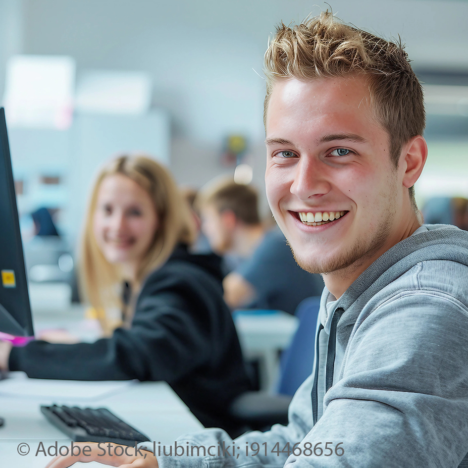 Ein junger Mann im Hoodie vor einem PC. Er lächelt. Im Hintergrund unscharf eine junge Frau. Beide schauen in die Kamera.